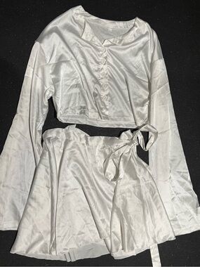 White Satin Two-Piece Crop Top and Skirt Set